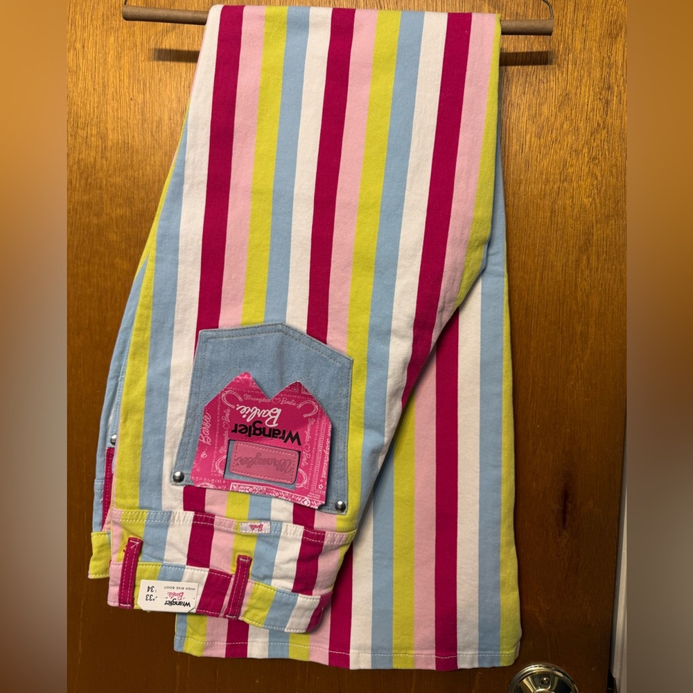 Wrangler Barbie Striped Wide Leg Jeans in Pink, Blue, Lime Green, White 33x34 - Picture 2 of 3